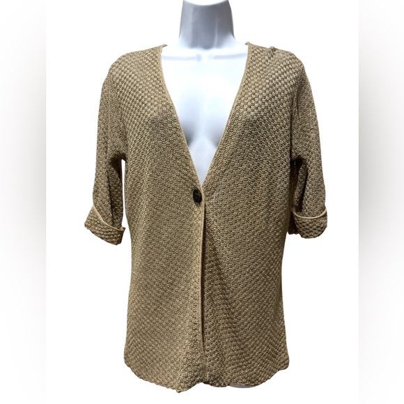 CLASSIQUES ENTIER Women's Tan Open Knit Cardigan Size S Linen Blend Classic Knit - Picture 1 of 13